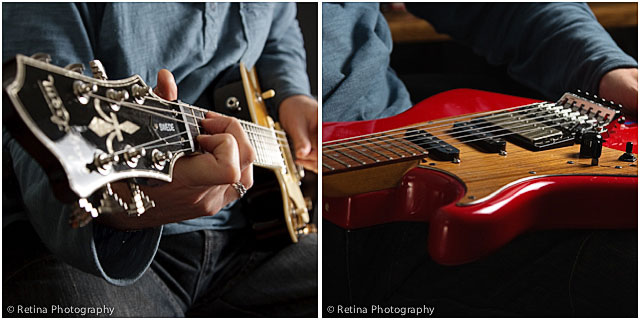 Close up of Guitarist Playing Red Electric Guitar