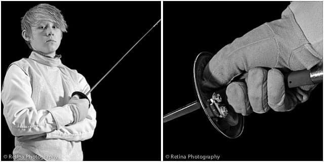 Portrait of Young Male Fencer and Close Up View of Foil Hand