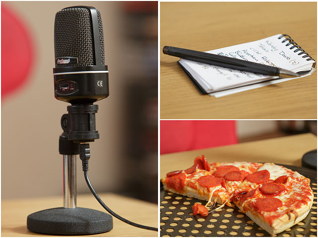 Microphone Pizza And Notebook With Pen From SDFF Podcast Recording Session