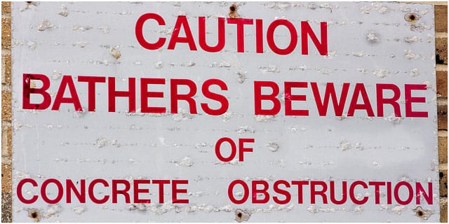 Caution Bathers Beware Of Obstruction Wall Sign