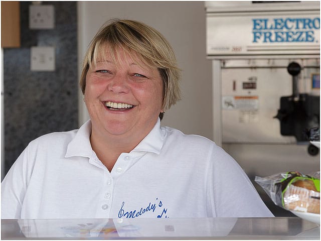 Having a laugh and joke at Melody's Ice Cream Kiosk