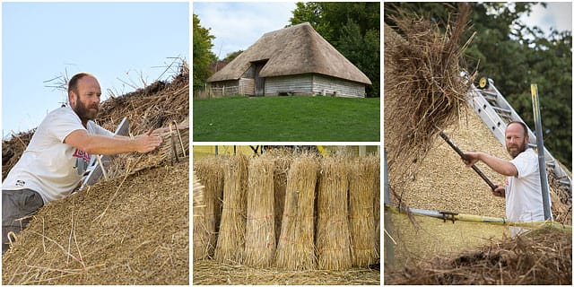 Thatching A Cottage Roof And View Of Aisled Barn From Hambrook Sussex