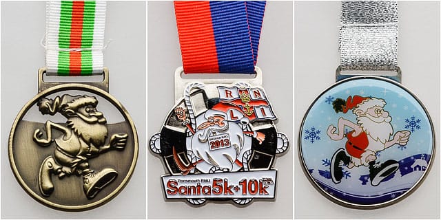 Portsmouth-rnli-santa-5k-and-10k-runners-medals Portsmouth RNLI Santa 5K 10K Runners Medals Hanging From Ribbons