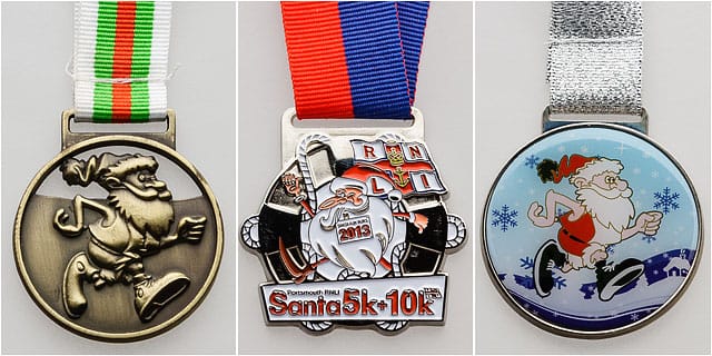 Portsmouth RNLI Santa 5K 10K Runners Medals Hanging From Ribbons