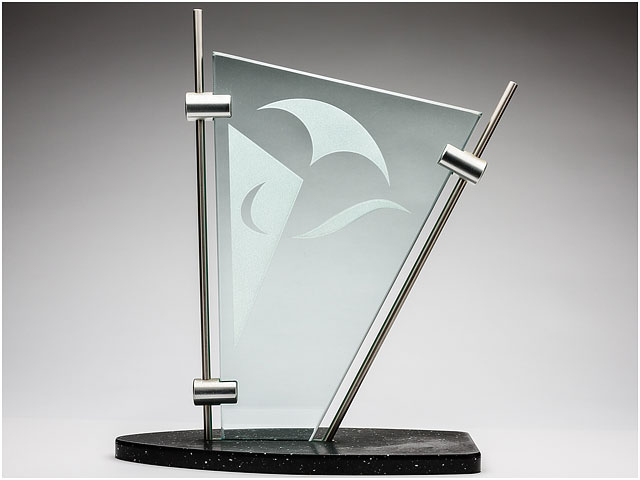 Front View Of Etched Glass And Stainless Steel Sailing Trophy Grey Graduated Background