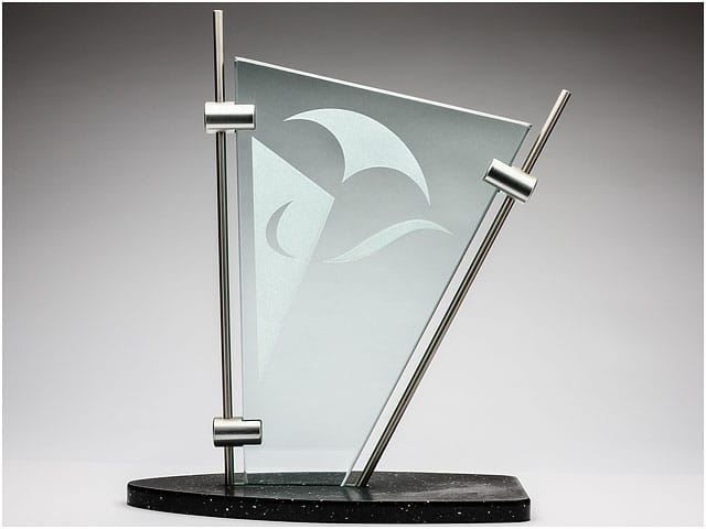 Glass And Stainless Steel Sailing Trophy Front View Of Etched Glass And Stainless Steel Sailing Trophy Grey Graduated Background