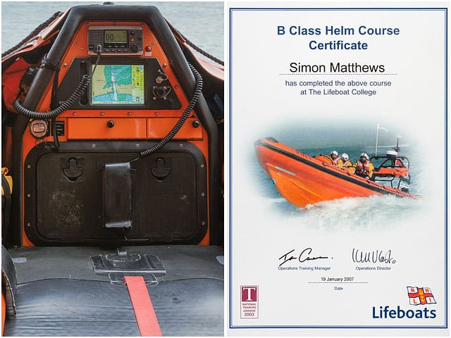 RNLI Helm Course Certificate and Cockpit of B Class Inshore Lifeboat