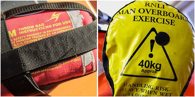 Yellow RNLI Man Overboard Training Equipment And Red British Canoe Union Throw Bag Rescue Equipment