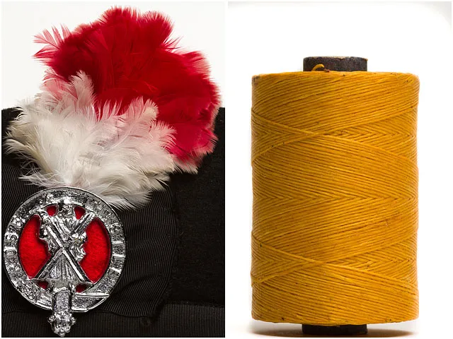 Rose & Thistle Pipe and Drums Band cap badge with Reed thread bobbin
