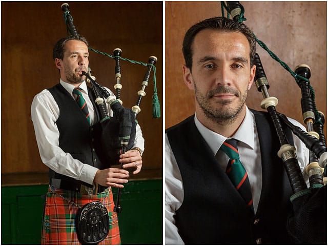 Portrait of a male bagpipe player facing the camera