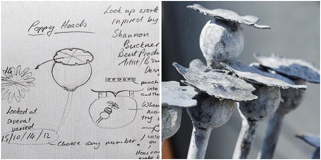 Metal poppy heads with original pencil on paper sketches Metal Poppy Heads With Original Pencil On Paper Sketches