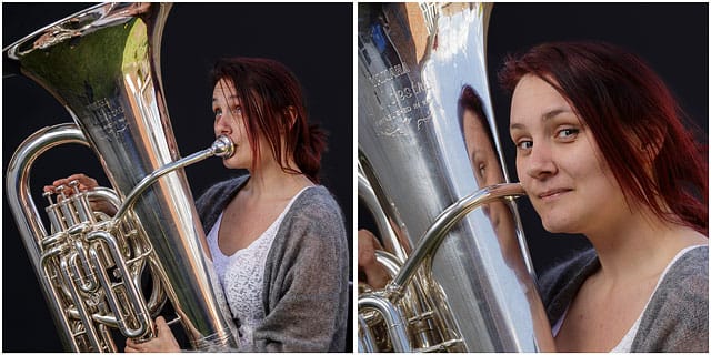 Female Tuba Player Holding E Tuba And Playing