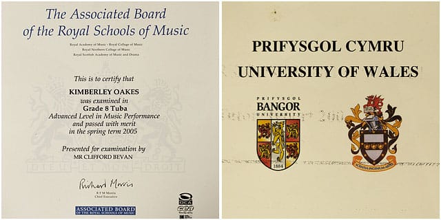 Grade 8 Tuba And University Of Bangor Paper Certificates