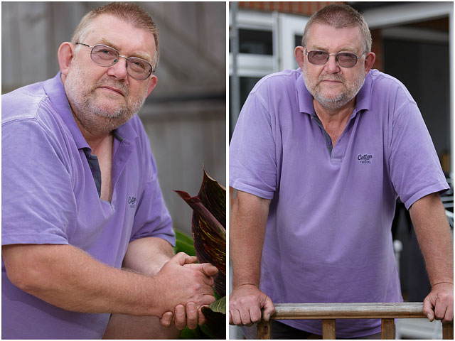 Two Portraits Of Same Man With Glasses And Purple Top