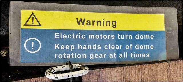 Telescope Dome Electric Motor Warning Sign Yellow Blue White Text 