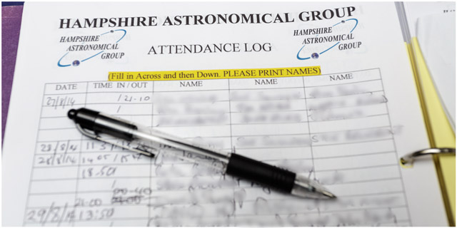 Hampshire Astronomical Group attendance log 