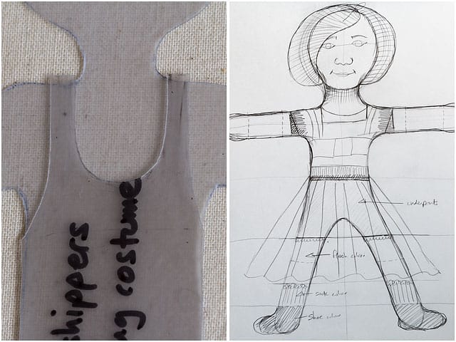 Plastic Template For Quilted Removable Fabric Doll And Original Sketch 