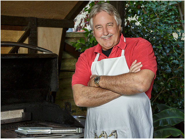 Man Folded Arms Red Polo Shirt White Cooking Apron BBQ Smiling 