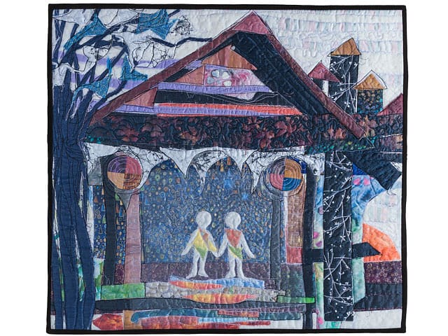 Strongly Coloured Quilted Dream Like Textile Artwork Called On The Threshold 