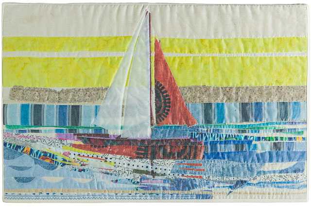 Quilted Textile Picture Of Seascape Scene With Sail Boat And Water 