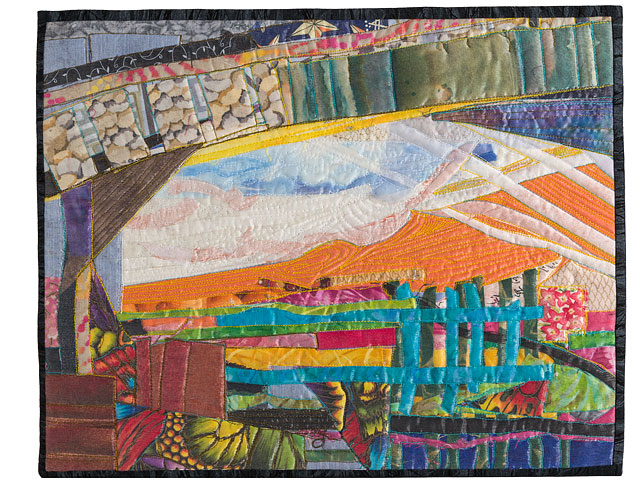 Quilted Brightly Coloured Abstract Textile Picture Called Under The Bridge And Up On The Downs 