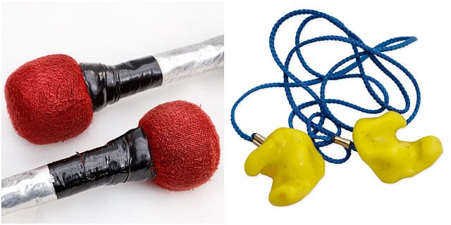 Batala drum sticks with custom made earplugs Batala Portsmouth Drum Stick Close Up Yellow Custom Earplugs Protection