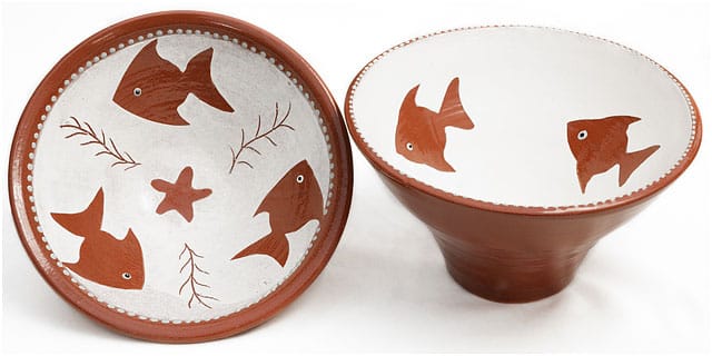 Glazed Pots Pottery Brown White Fishes Starfish 