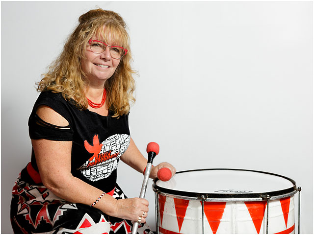 Portrait Female Batala Drummer Costume Dobra Drum Red Black White 