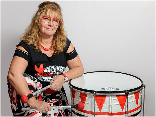 Portrait Female Batala Drummer Costume Dobra Drum Red Black White