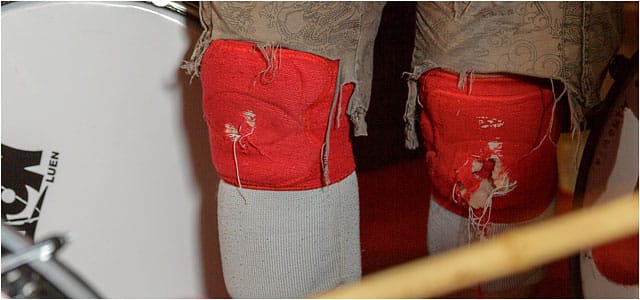 Batala Portsmouth band member well worn knee pads Batala Portsmouth Member With Knee Pads