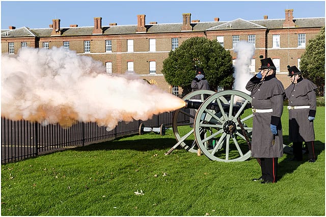 Cumberland Guard Three Pounder Canon Firing 2014 Portsmouth Royal Marine Barracks Remembrance Service. 