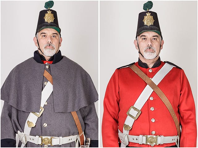 1860s Fort Cumberland Guardsman portrait standing to attention 1860 Fort Cumberland Guard Costume Uniform Tunic Red Shako Hat