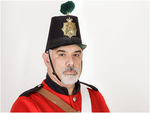 Fort Cumberland Guard Infantryman 1860 Uniform Red Black Shako Hat Green Plume Man Male Beard 