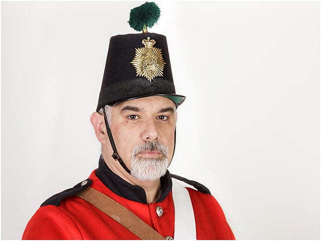 Fort Cumberland Guard Infantryman 1860 Uniform Red Black Shako Hat Green Plume Man Male Beard