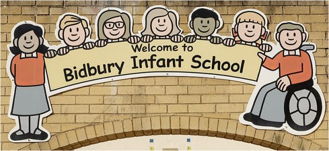 Entrance sign for Bidbury Infants School in Havant Hampshire 