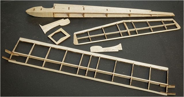 Parts of a balsa wood model plane 