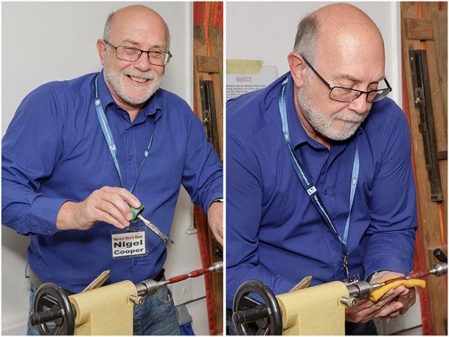 Nigel Cooper turning a wooden pen holder