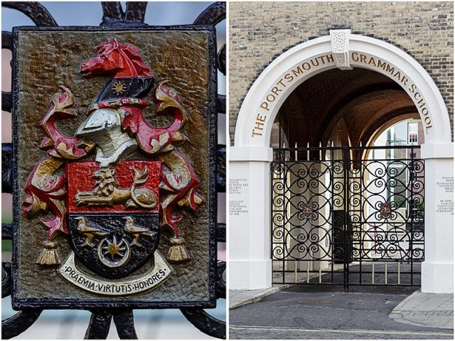 portsmouth grammar school entrance gate with coat of arms 