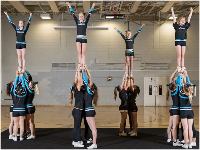 portsmouth warriors cheerleaders practising their pyramid routine 