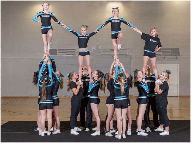 portsmouth warriors cheerleaders practising their pyramid routine 