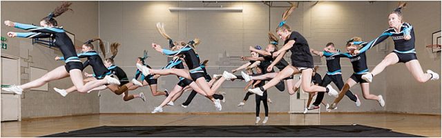 portsmouth warriors cheerleaders practising a synchronised jump 