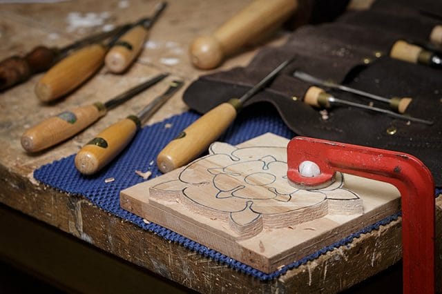 close up of woodcarving at carve-In day for solent guild of woodcarvers and sculptors at portsmouth grammar school 