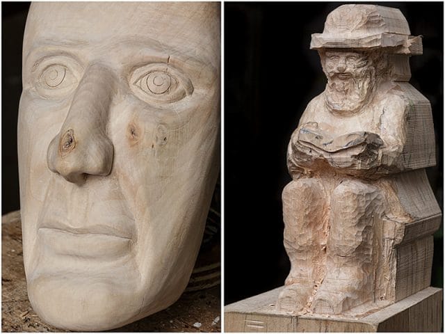 close up of two work in progress carvings from members of the solent woodcarvers and sculptors guild 