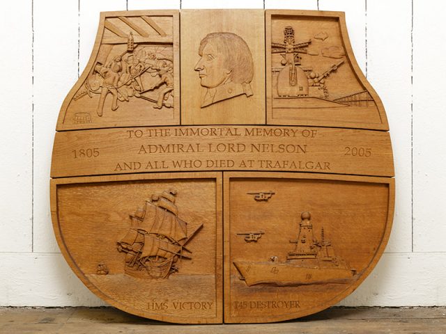 Bicentenary of Trafalgar shield wood carving by the solent guild of woodcarvers and sculptors 