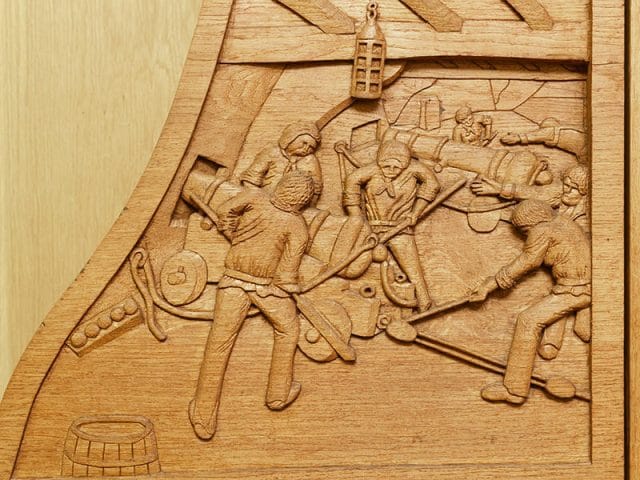 Bicentenary of Trafalgar shield wood carving detail by the solent guild of woodcarvers and sculptors 