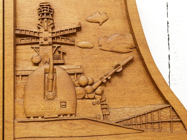 Bicentenary of Trafalgar shield wood carving detail by the solent guild of woodcarvers and sculptors 