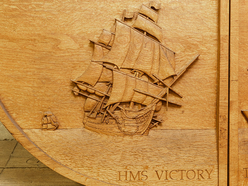 Bicentennial of Trafalgar shield wood carving detail by the solent guild of woodcarvers and sculptors