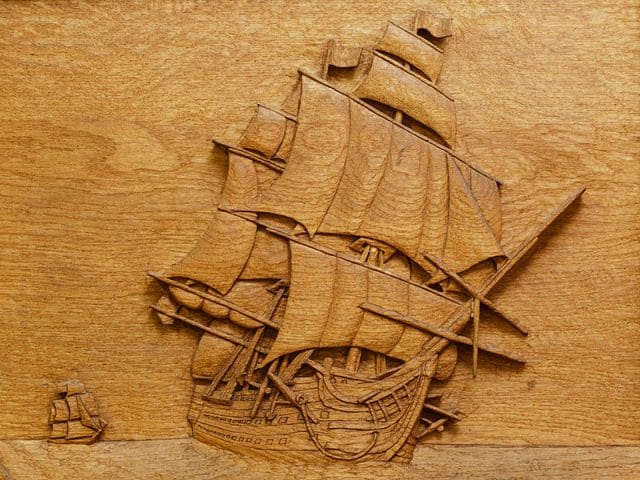 Bicentenary of Trafalgar shield wood carving detail by the solent guild of woodcarvers and sculptors 