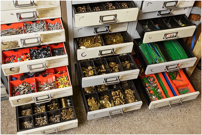 Filing cabinets utilised as storage for various Meccano parts