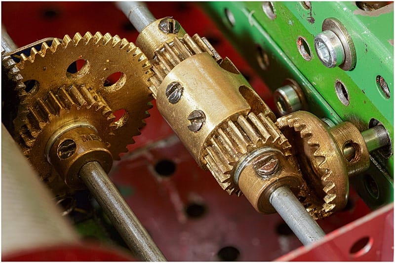 Close up of meccano model gearing